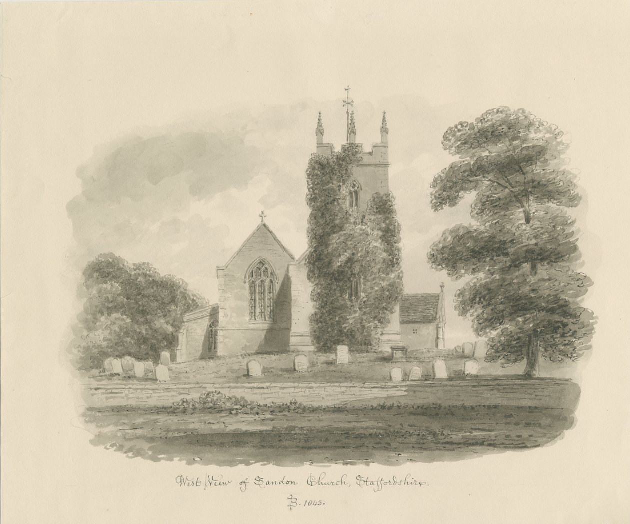 Kostel Sandon: sépiová kresba, 1843 od John Buckler