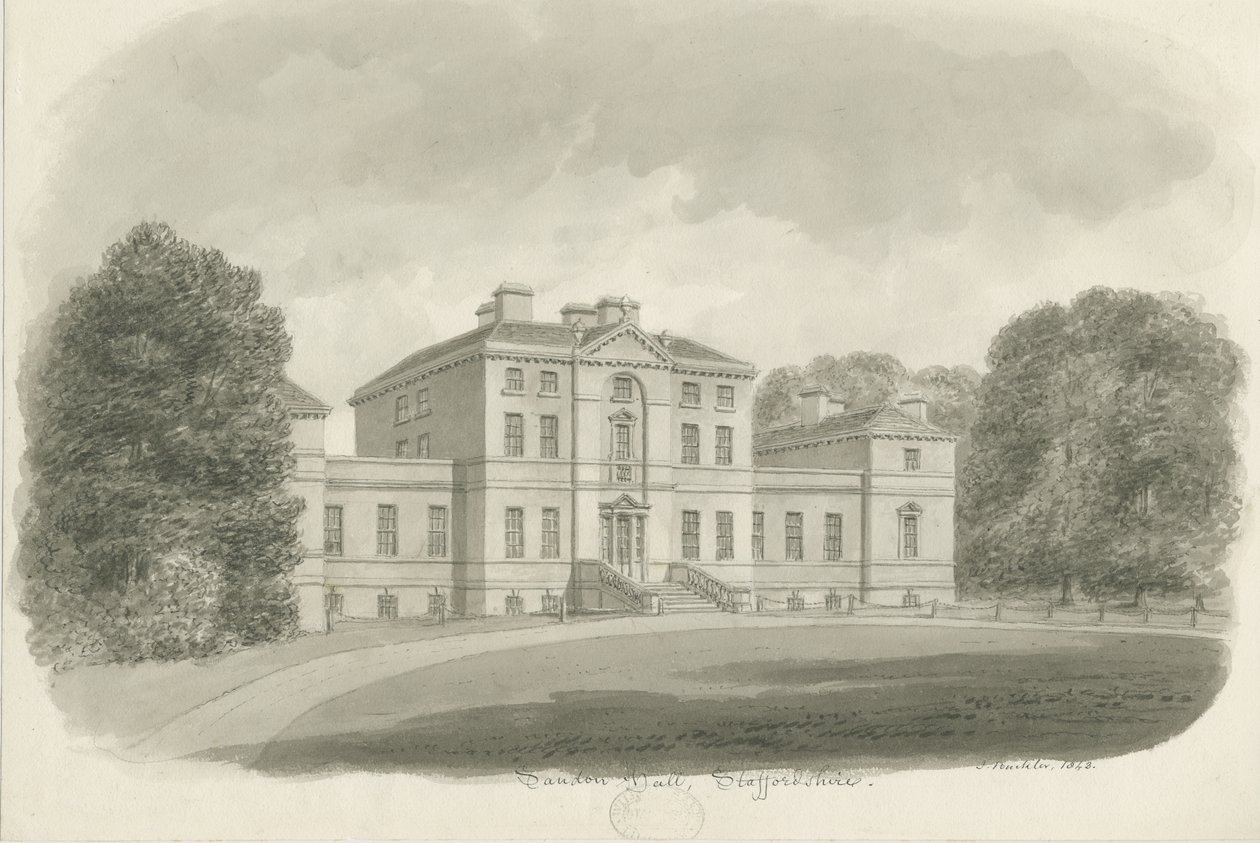 Sandon Hall: sépiová kresba (vinětovaná) od John Buckler