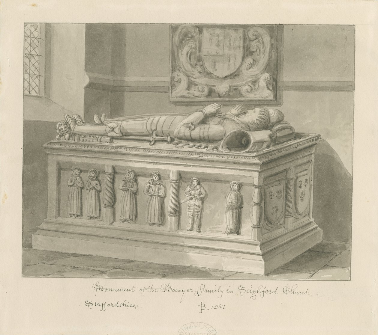 Seighford Church – Hrob Williama a Mercy Bowyerových: sépiová kresba, 1842 od John Buckler