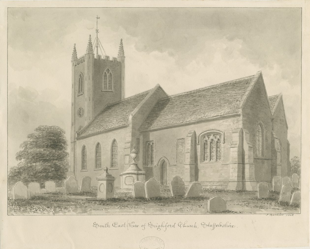 Seighford Church: sépie lavírovaná kresba, 1842 od John Buckler