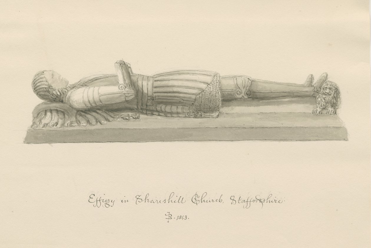 Shareshill Church – monumentální podobizna [Sir Humphrey Swynnerton]: sépiová kresba od John Buckler