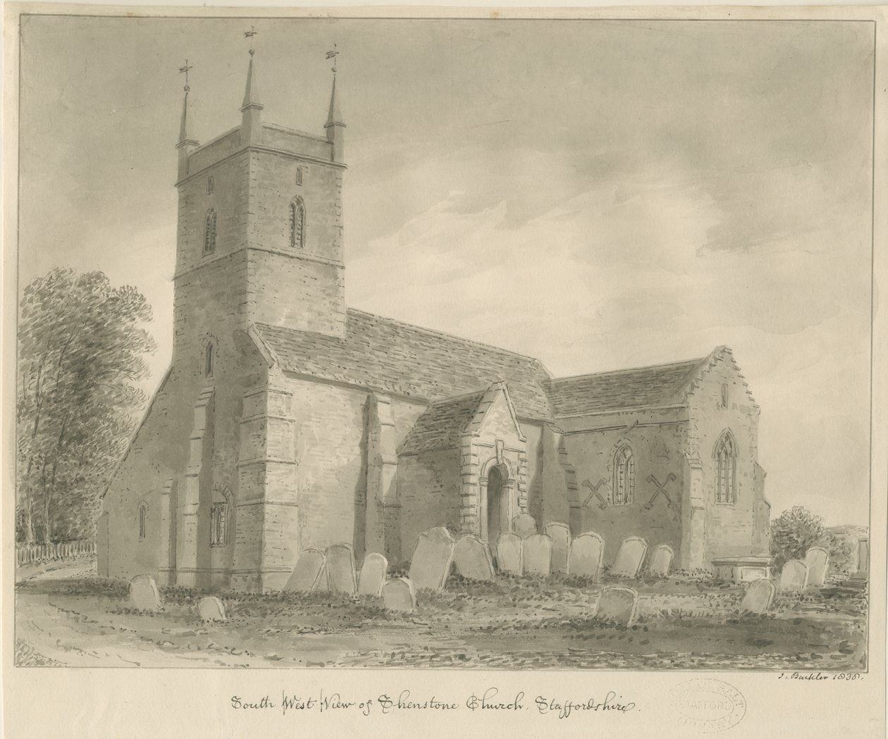 Shenstone Church: sépiová kresba od John Buckler