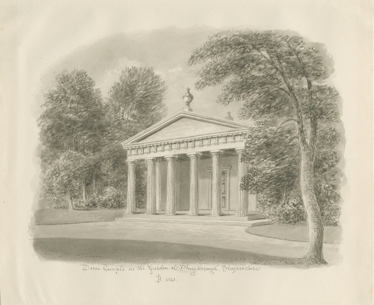 Shugborough - Dórský chrám: sépiová kresba, 1842 od John Buckler