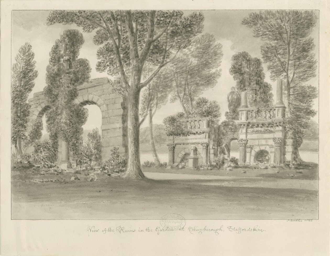 Shugborough - Ruiny v zahradě: sépiová kresba od John Buckler