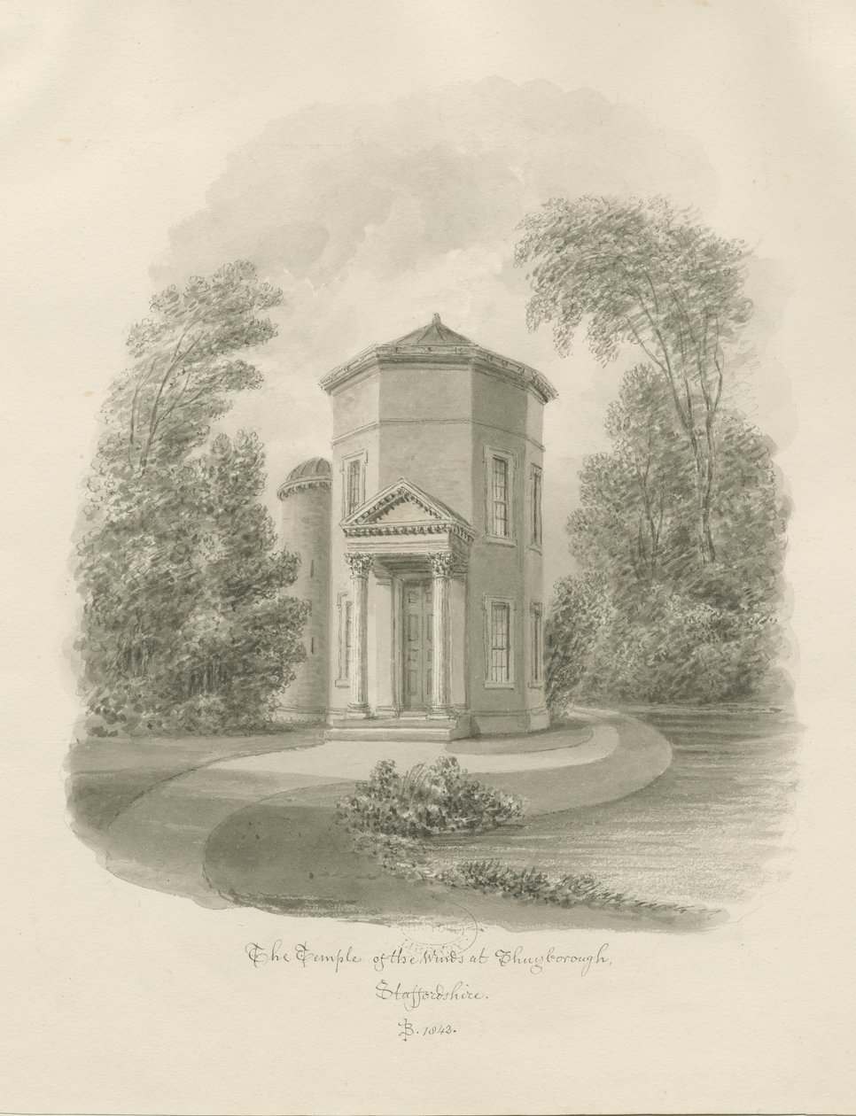 Shugborough - Chrám větrů: sépiová kresba, 1843 od John Buckler