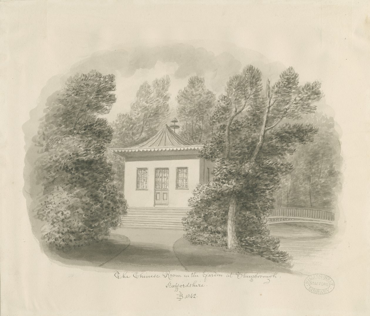 Shugborough - Čínský pokoj: sépiová kresba od John Buckler