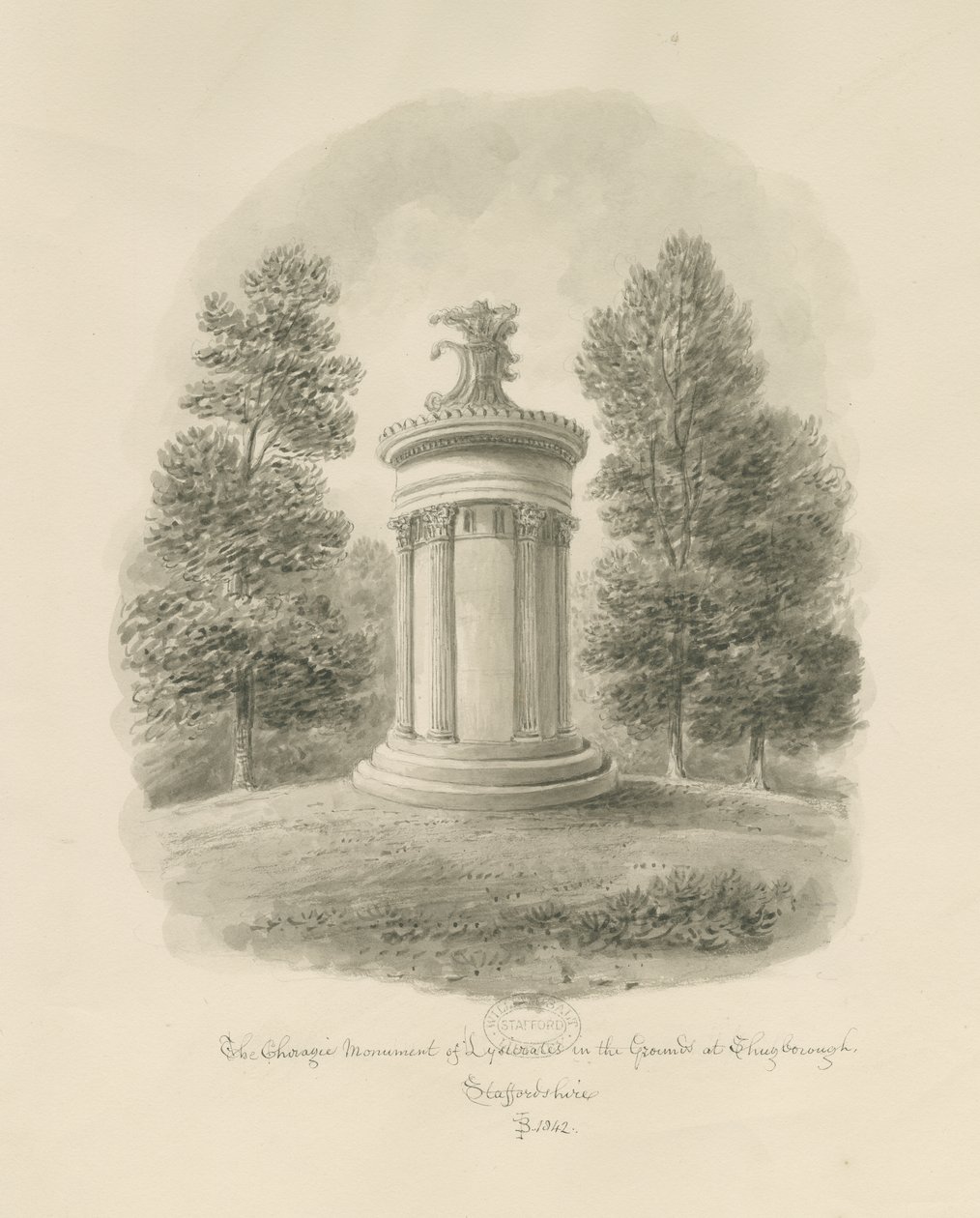 Shugborough - Choragický památník Lysicrates: sépiová kresba od John Buckler
