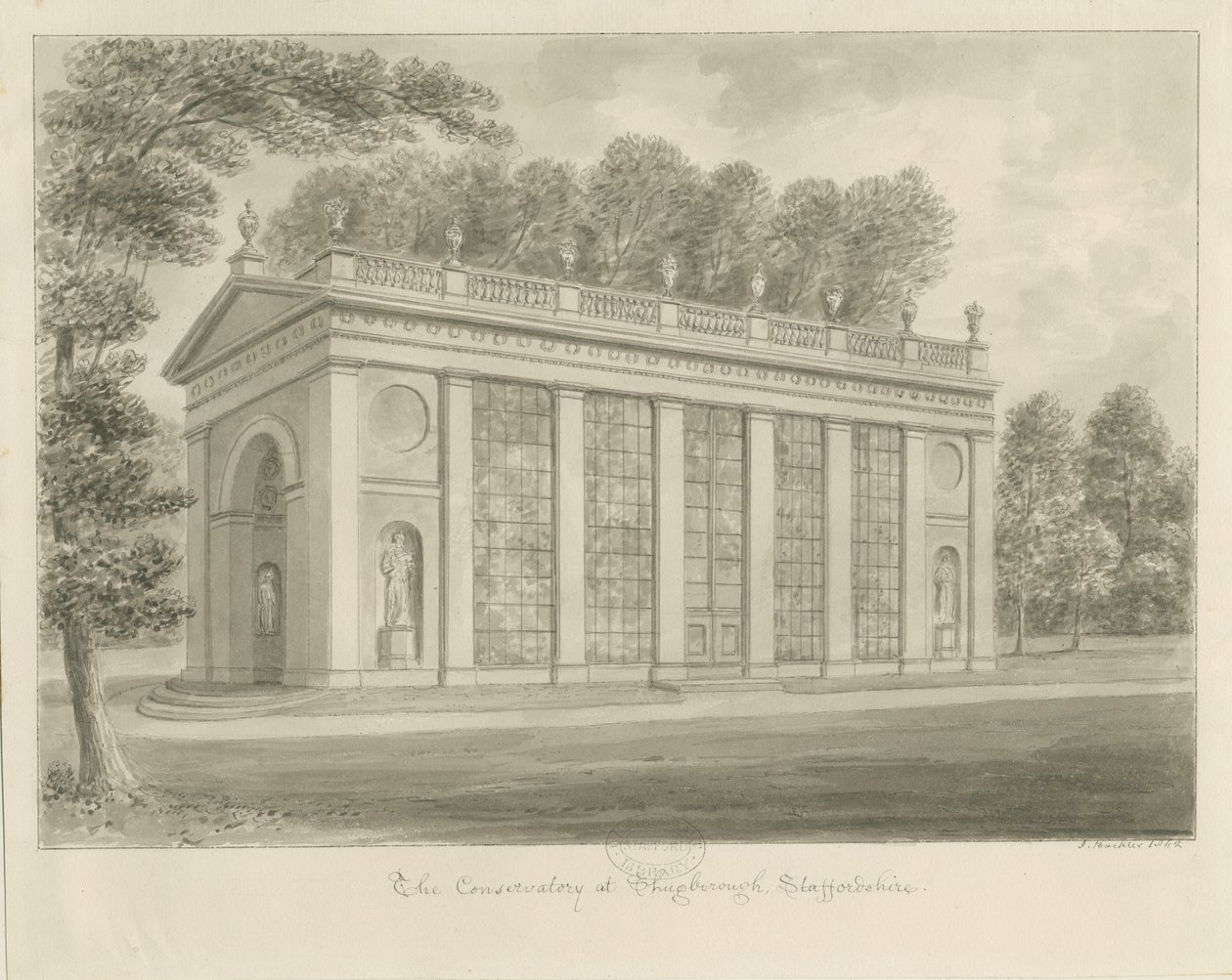 Shugborough Hall - Konzervatoř: sépiová kresba od John Buckler