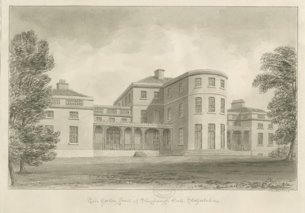 Shugborough Hall - Zahradní průčelí: sépiová kresba, 1842 od John Buckler