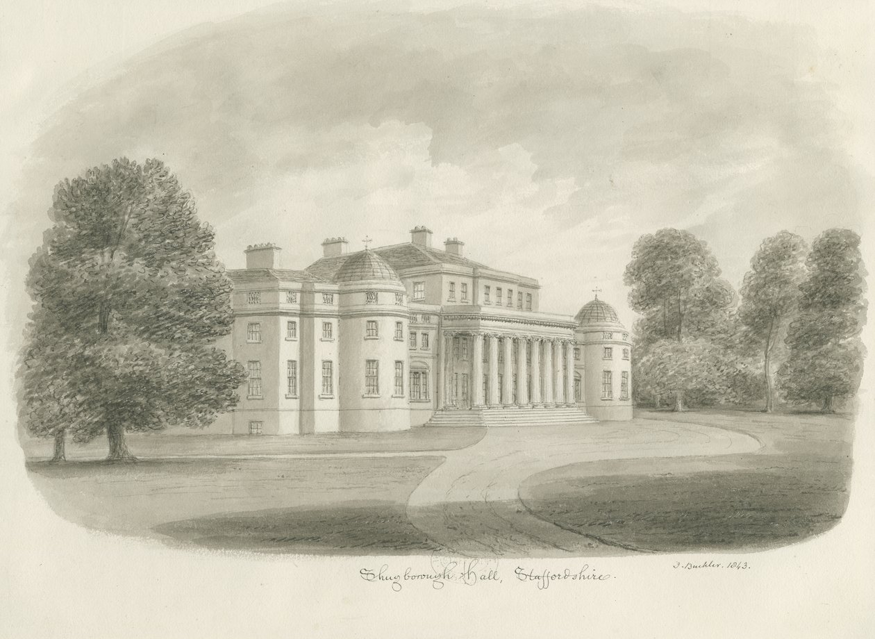 Shugborough Hall: sépiová kresba, 1843 od John Buckler