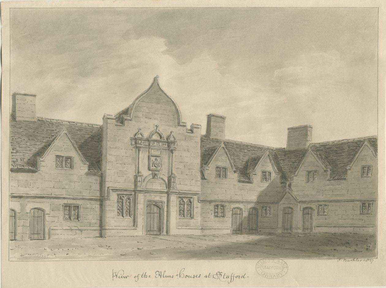 Stafford - Alms Houses: sépiová kresba, 1837 od John Buckler