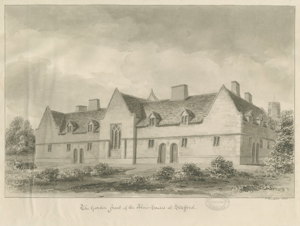 Stafford - Alms Houses: sépiová kresba, 1841 od John Buckler