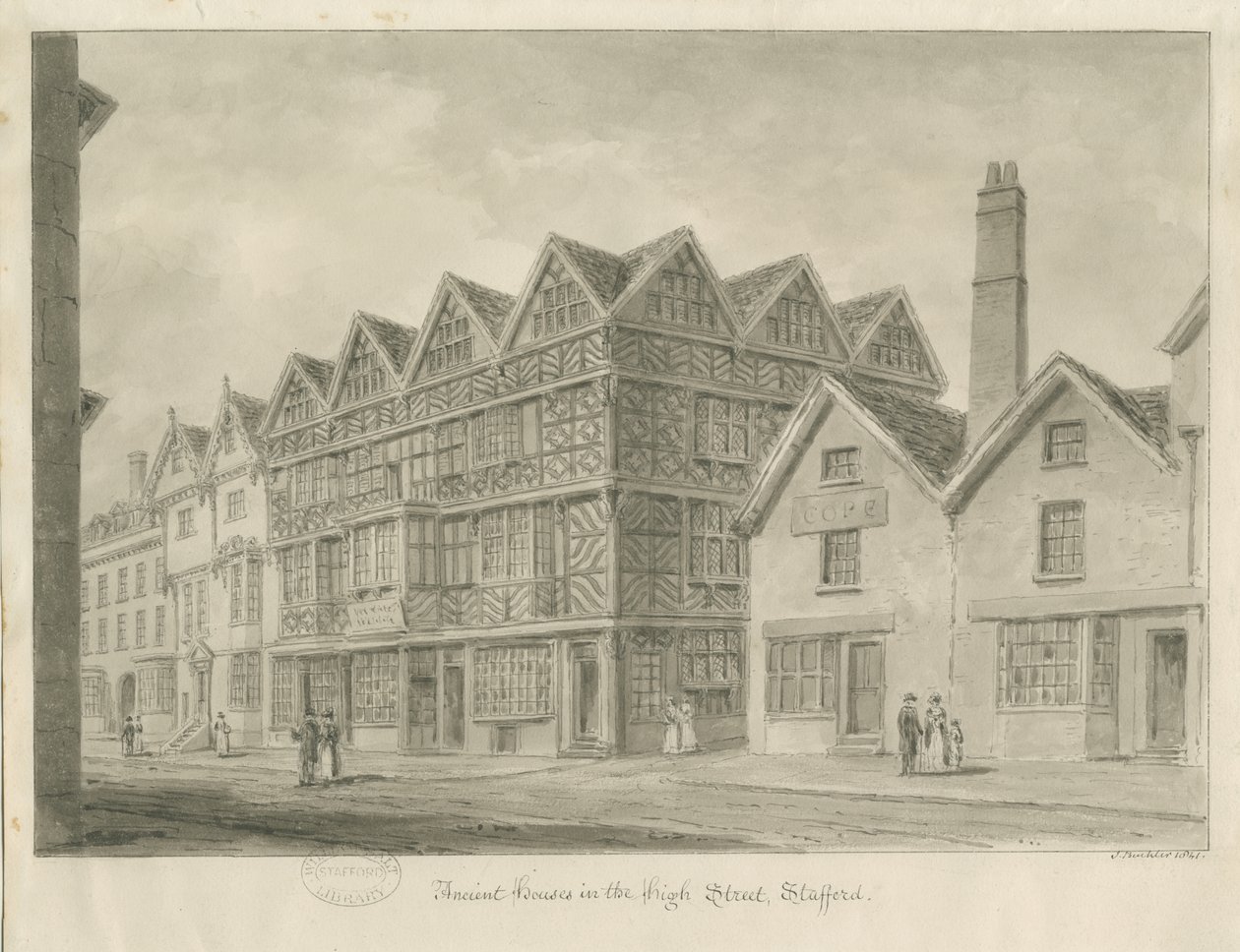 Stafford - Starověký "High House": sépiová kresba, 1841 od John Buckler