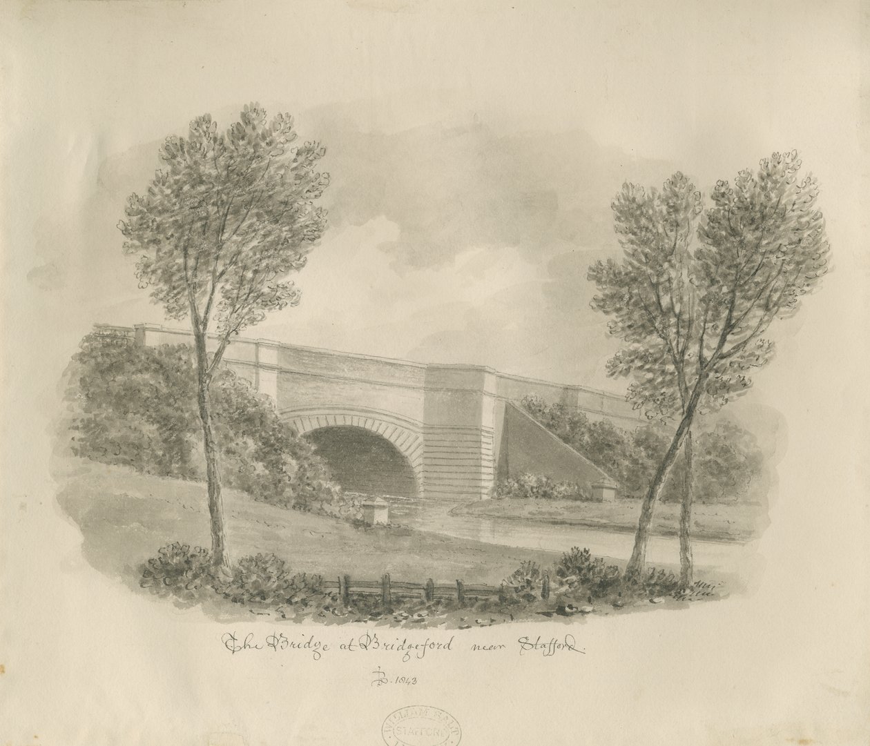 Stafford - Bridge at Bridgeford: sépiová kresba od John Buckler