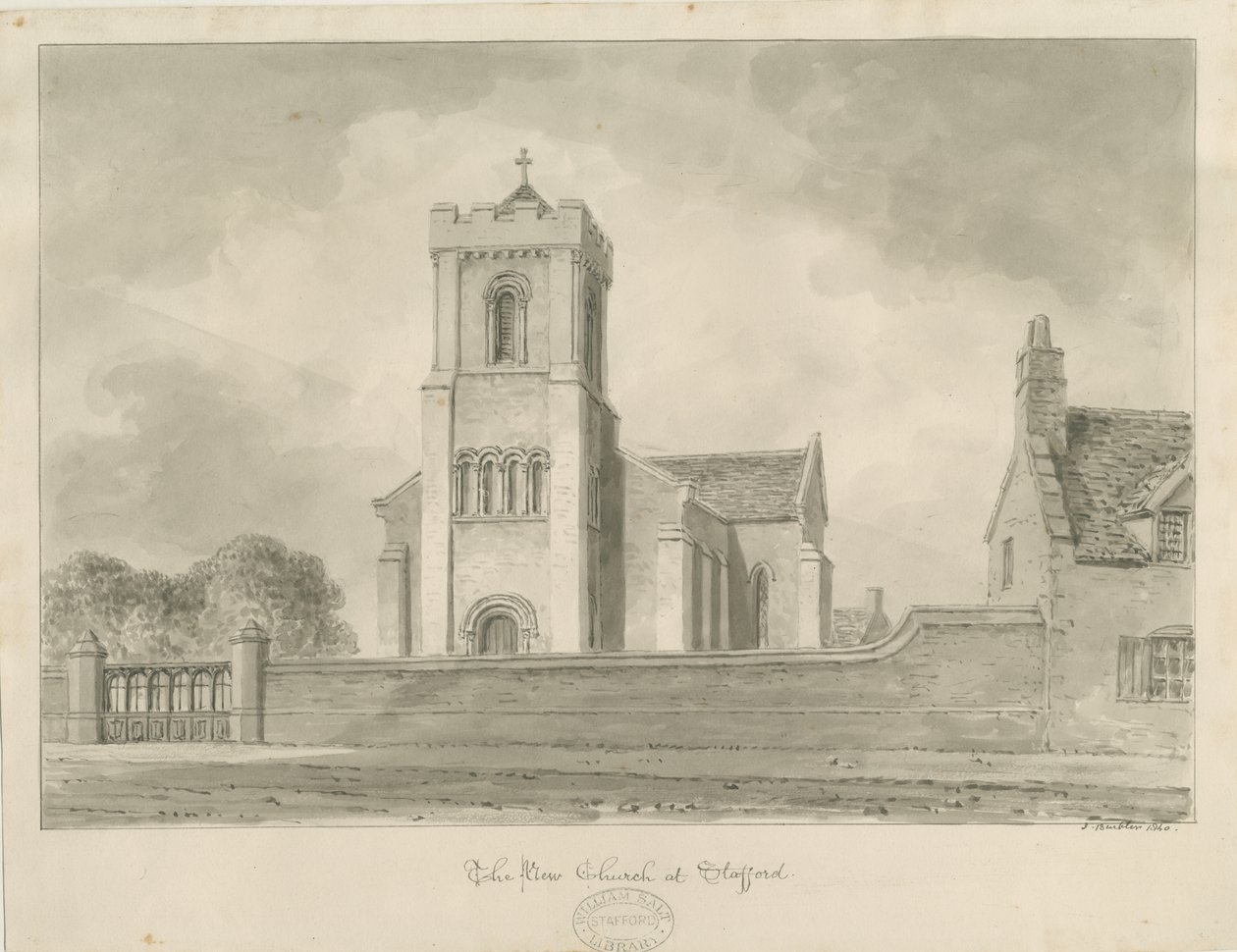 Stafford - Christ Church: sépiová kresba, 1840 od John Buckler