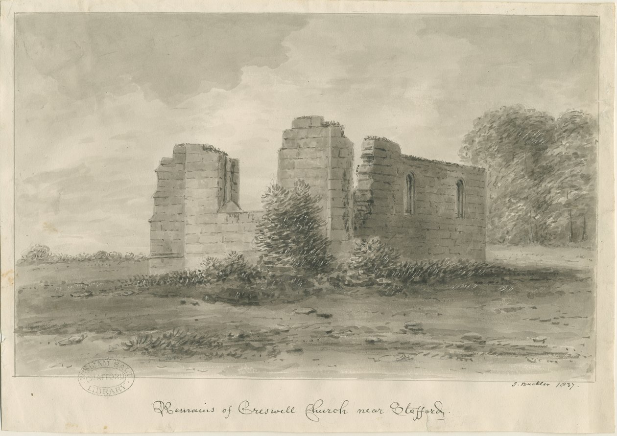 Stafford - Creswell Chapel: sépiová kresba, 1837 od John Buckler