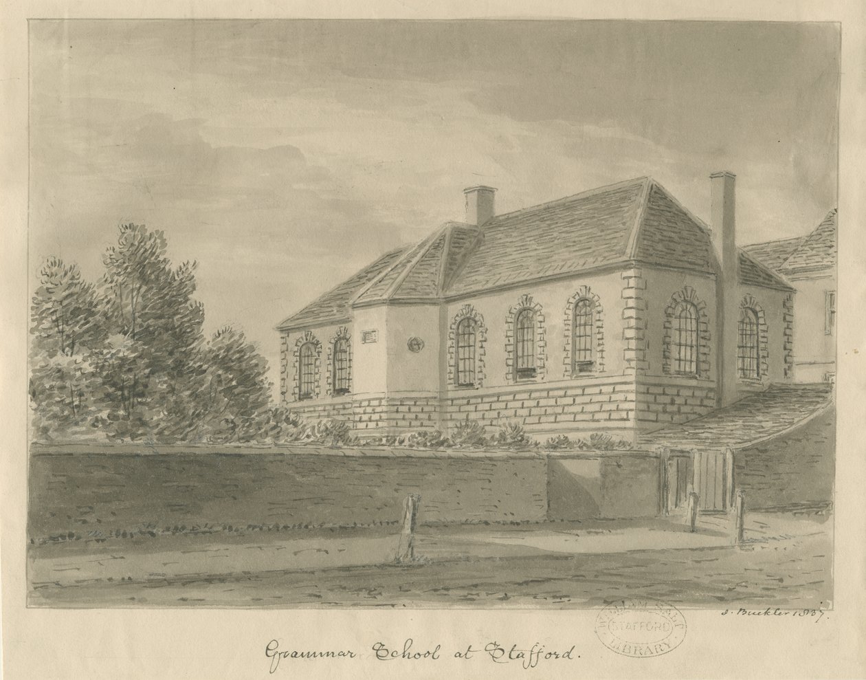 Stafford - Gymnázium: kresba sépie, 1837 od John Buckler