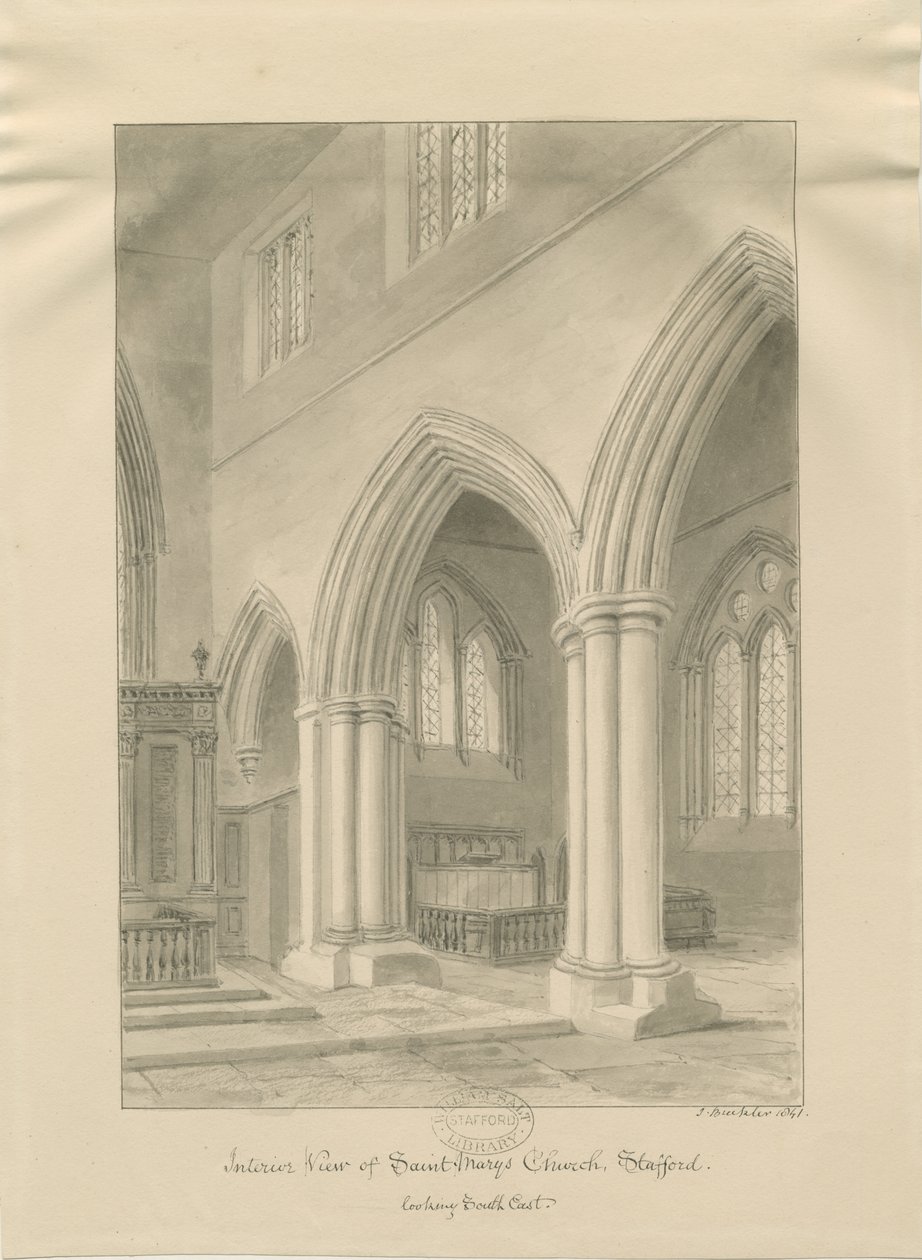 Stafford - Interiér kostela Panny Marie: sépiová kresba, 1841 od John Buckler