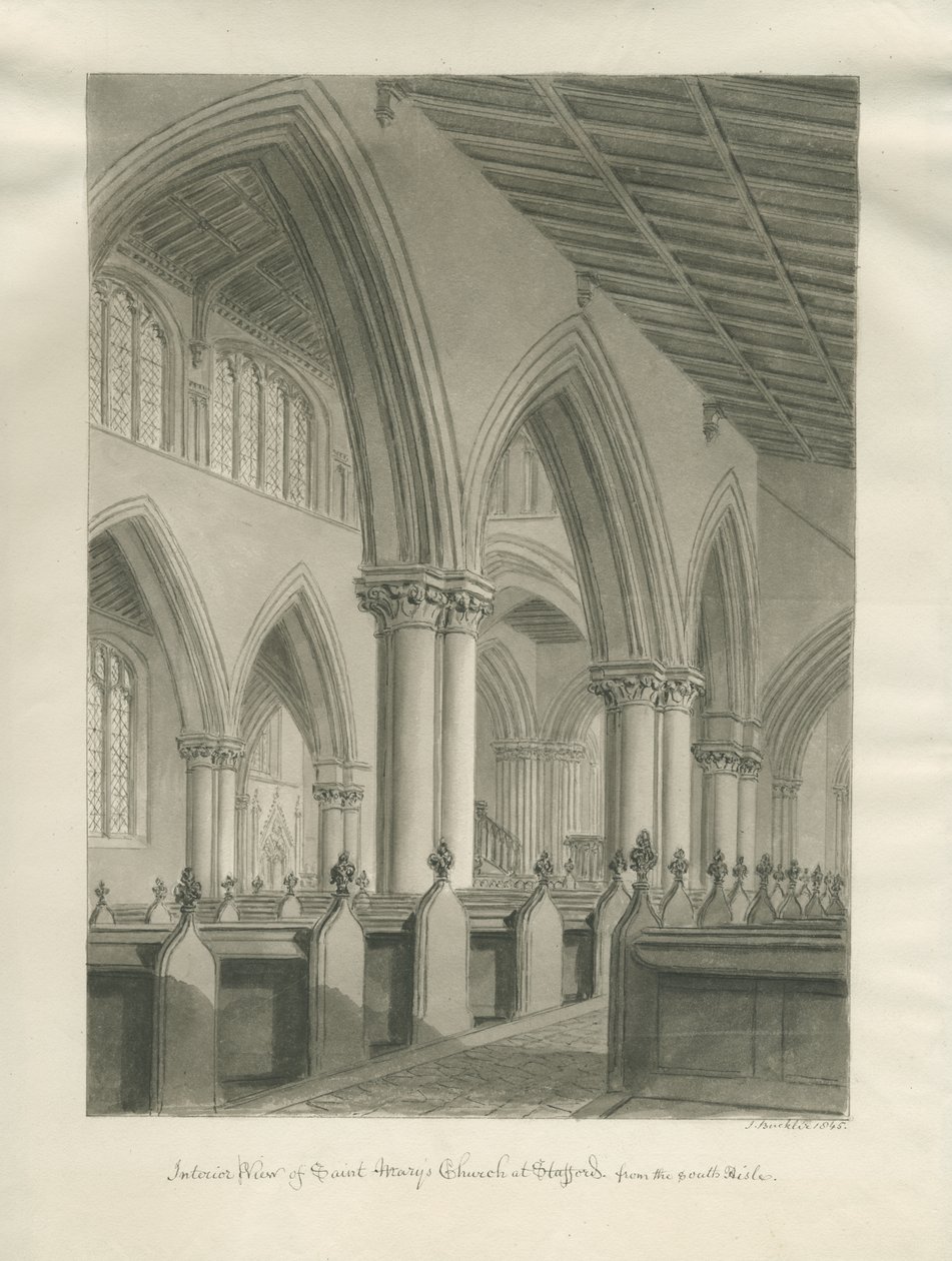 Stafford - Interiér kostela Panny Marie: sépiová kresba, 1845 od John Buckler