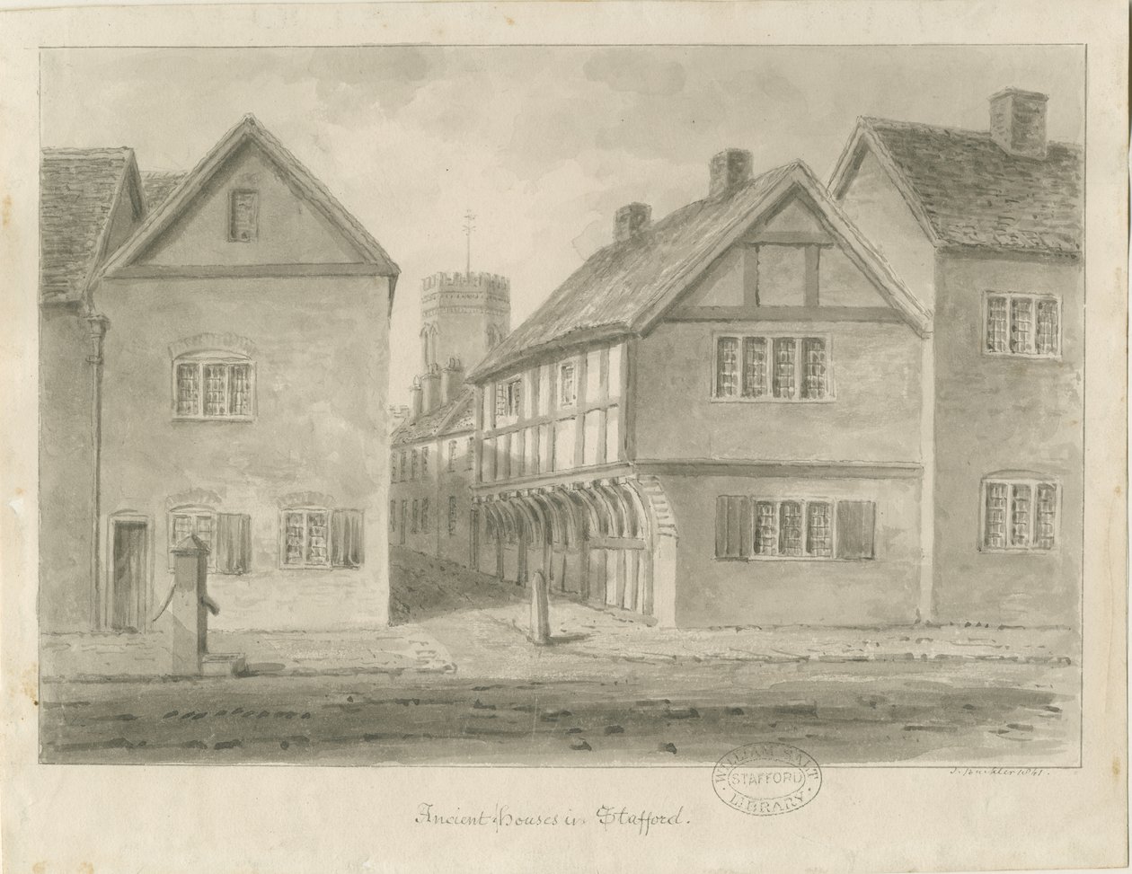 Stafford - Little Church Lane: sépiová kresba, 1841 od John Buckler
