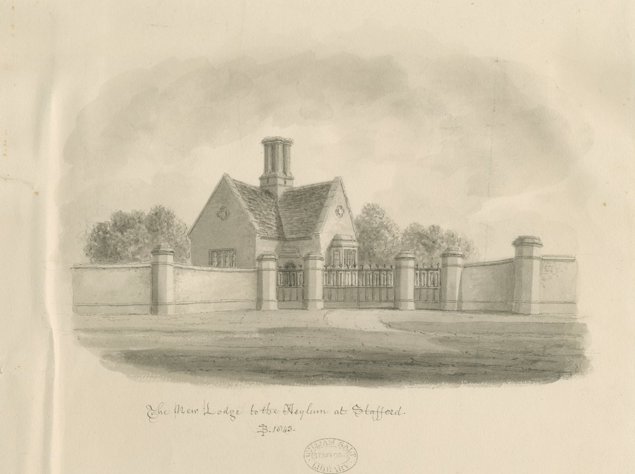 Stafford - New Lodge to the Asylum: sépiová kresba, 1843 od John Buckler