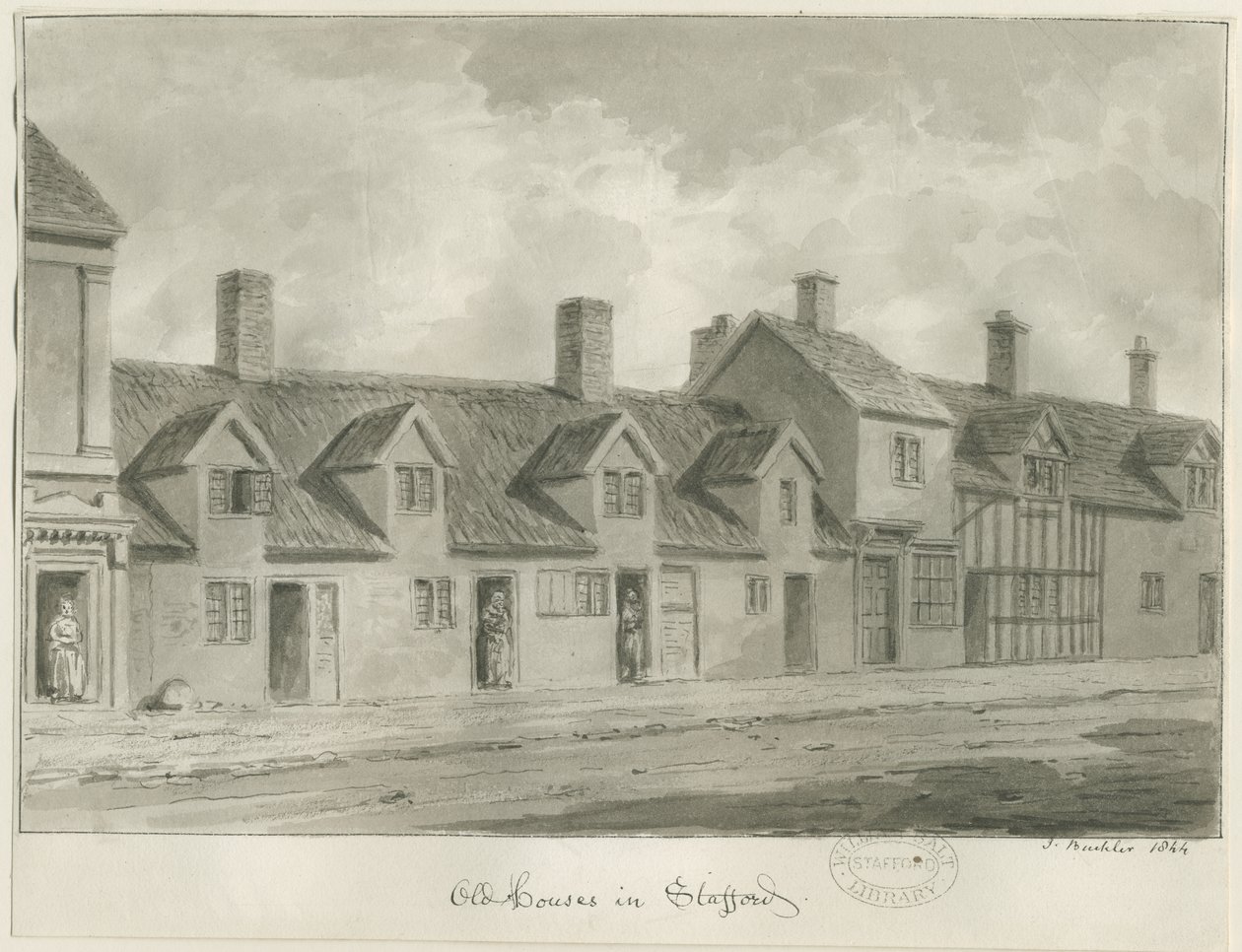 Stafford - Staré domy [v Eastgate Street]: sépiová kresba, 1844 od John Buckler