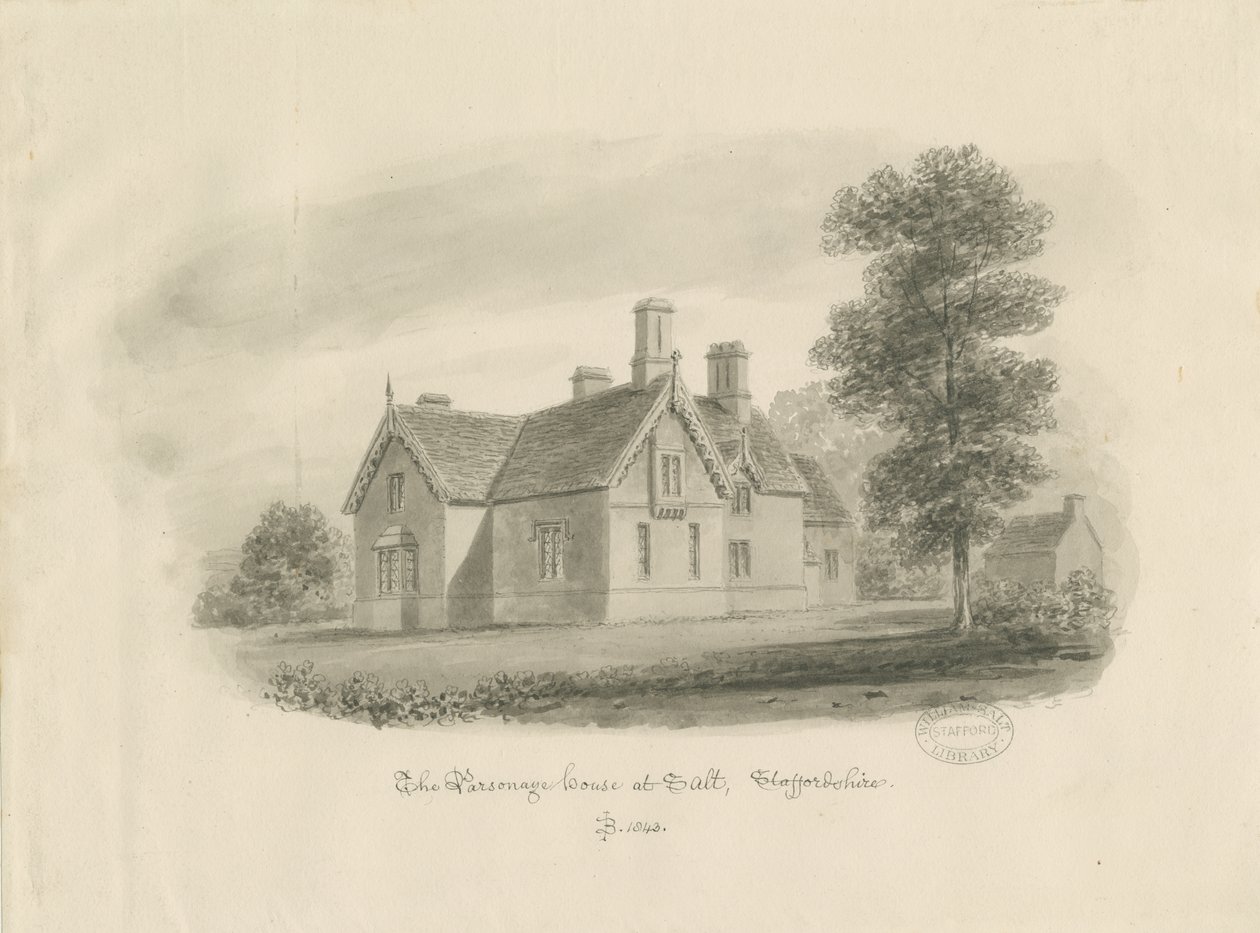Stafford - Parsonage House at Salt: kresba sépie (vinětovaná) od John Buckler