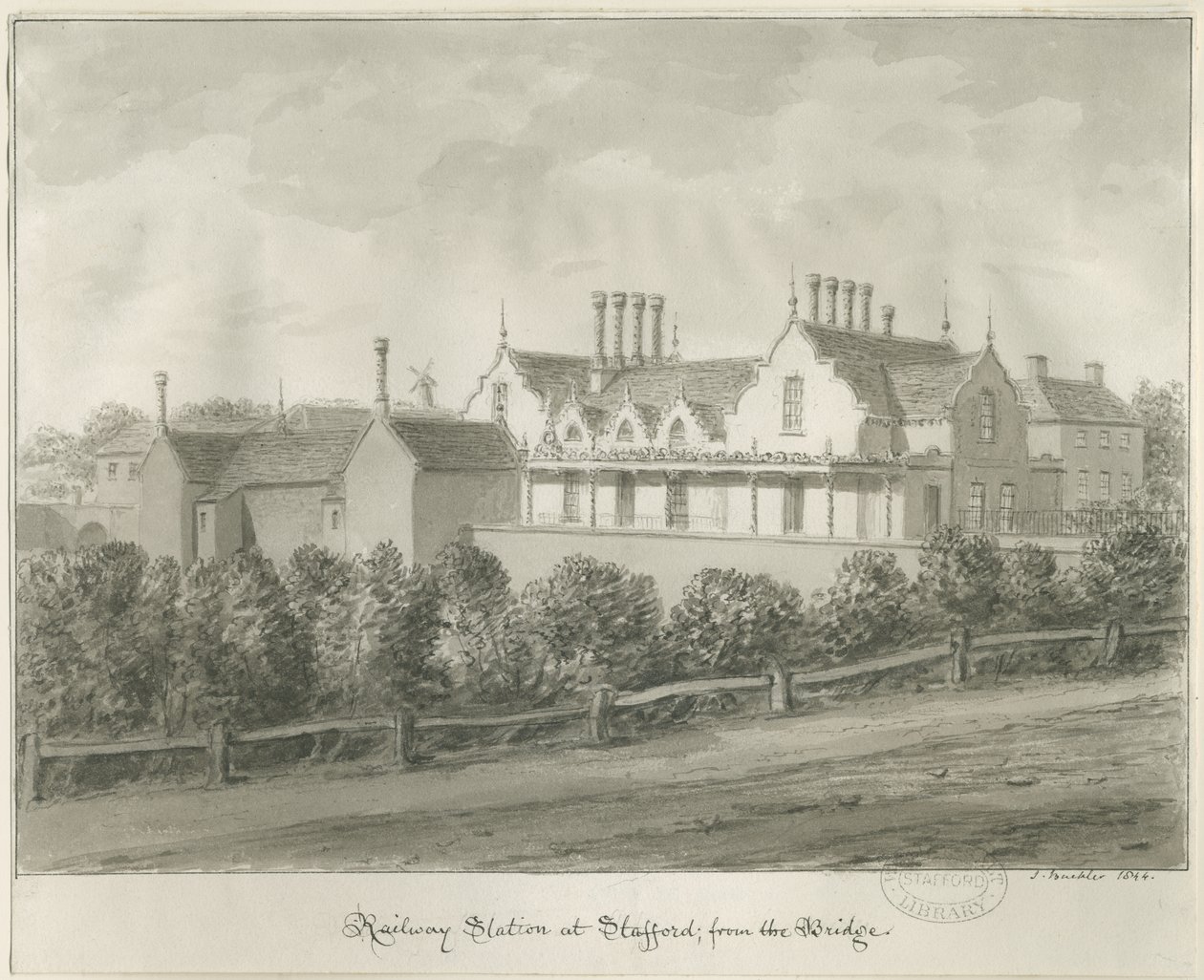 Stafford - Železniční stanice: sépiová kresba, 1844 od John Buckler