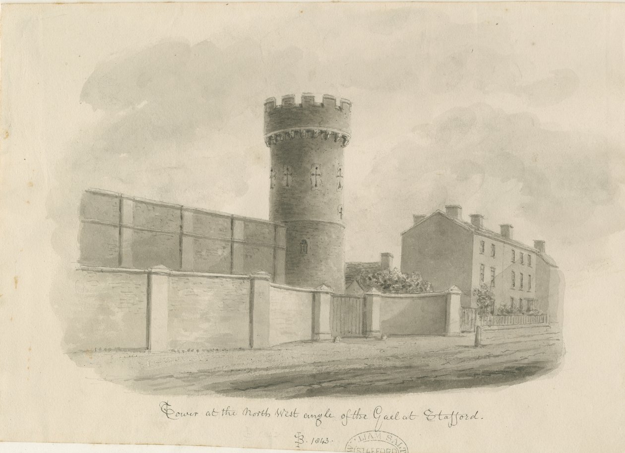 Stafford - Kulatá věž věznice: sépiová kresba, 1843 od John Buckler