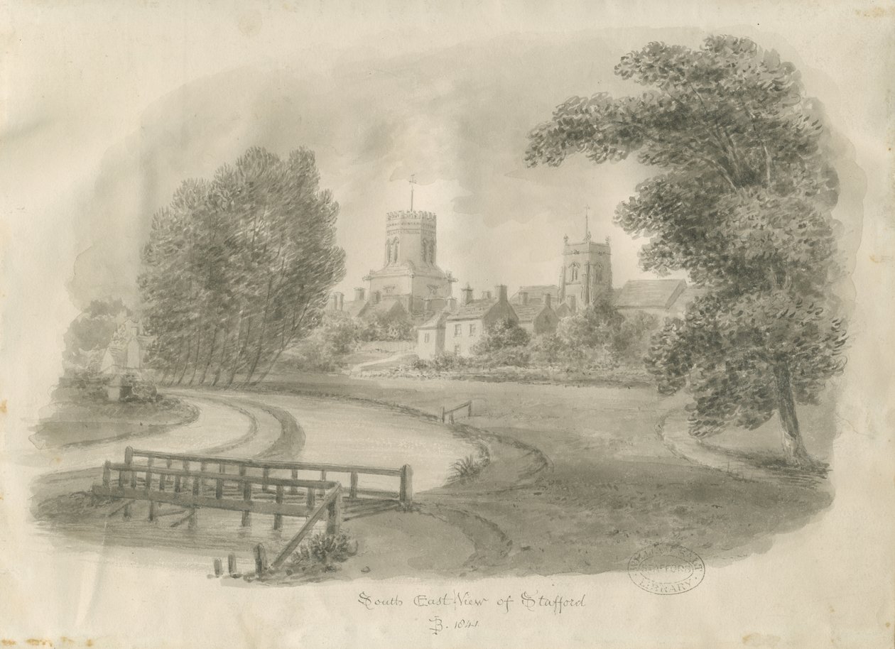 Stafford - South East View: sépiová kresba od John Buckler