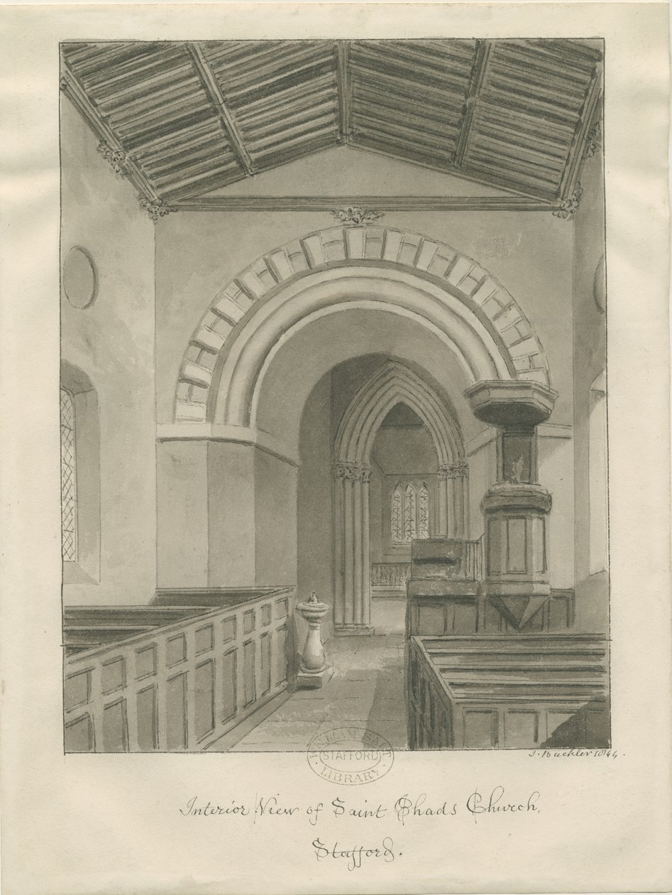 Stafford - Kostel sv. Čada: sépiová kresba, 1844 od John Buckler