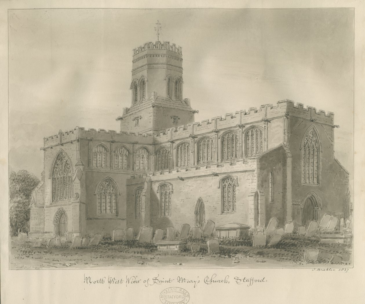 Stafford - Kostel Panny Marie: sépiová kresba, 1837 od John Buckler