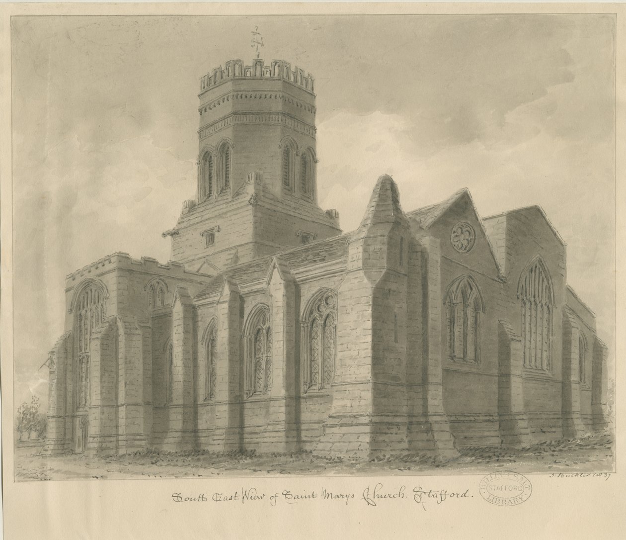 Stafford - Kostel Panny Marie: sépiová kresba, 1837 od John Buckler