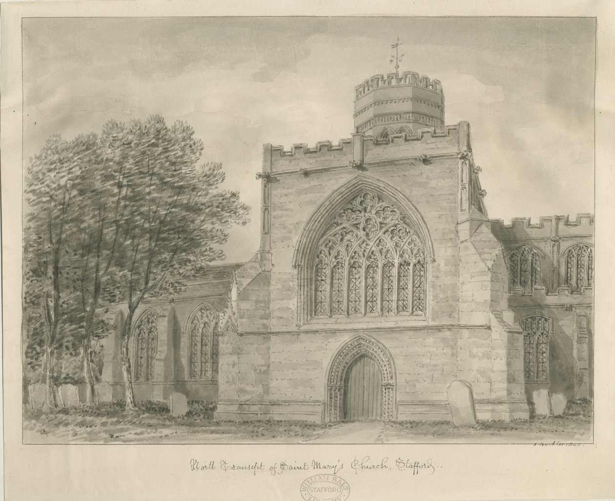 Stafford - Kostel Panny Marie: sépiová kresba, 1840 od John Buckler