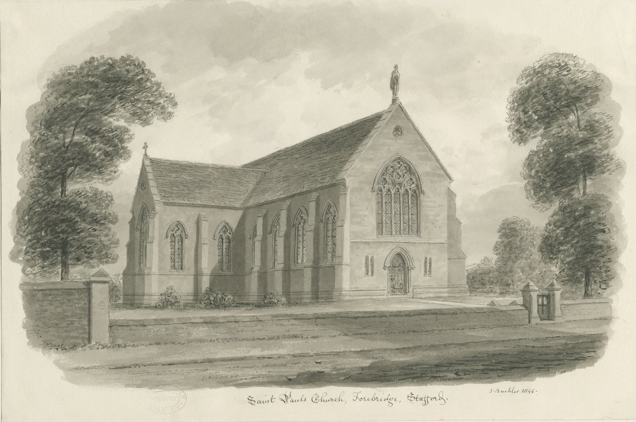 Stafford - Kostel sv. Pavla, Předmostí: sépiová lavírovaná kresba, 1844 od John Buckler