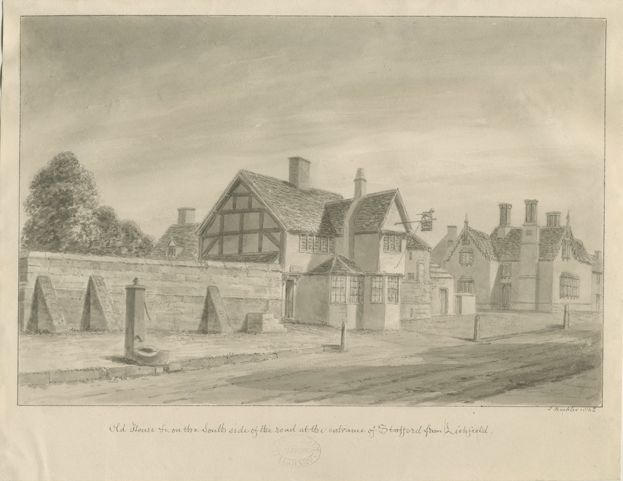 Stafford - [The White Lion Inn]: sépiová kresba, 1842 od John Buckler