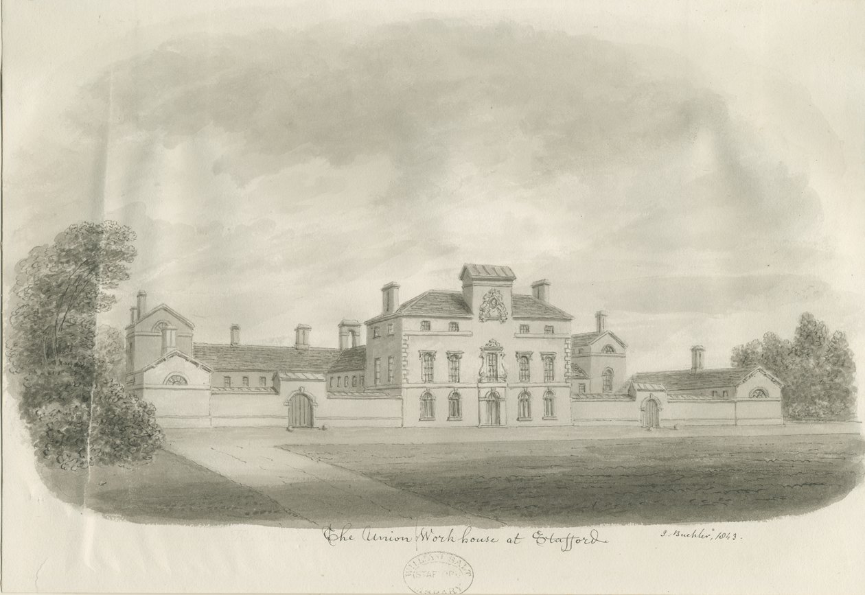 Stafford - Union Workhouse: sépiová kresba od John Buckler