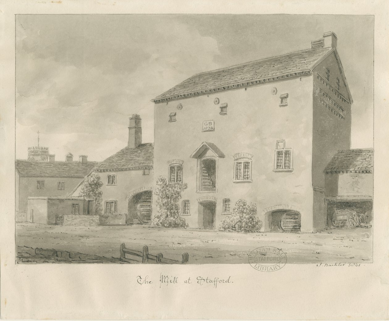 Stafford - Water Mill: sépiová lavírovaná kresba od John Buckler