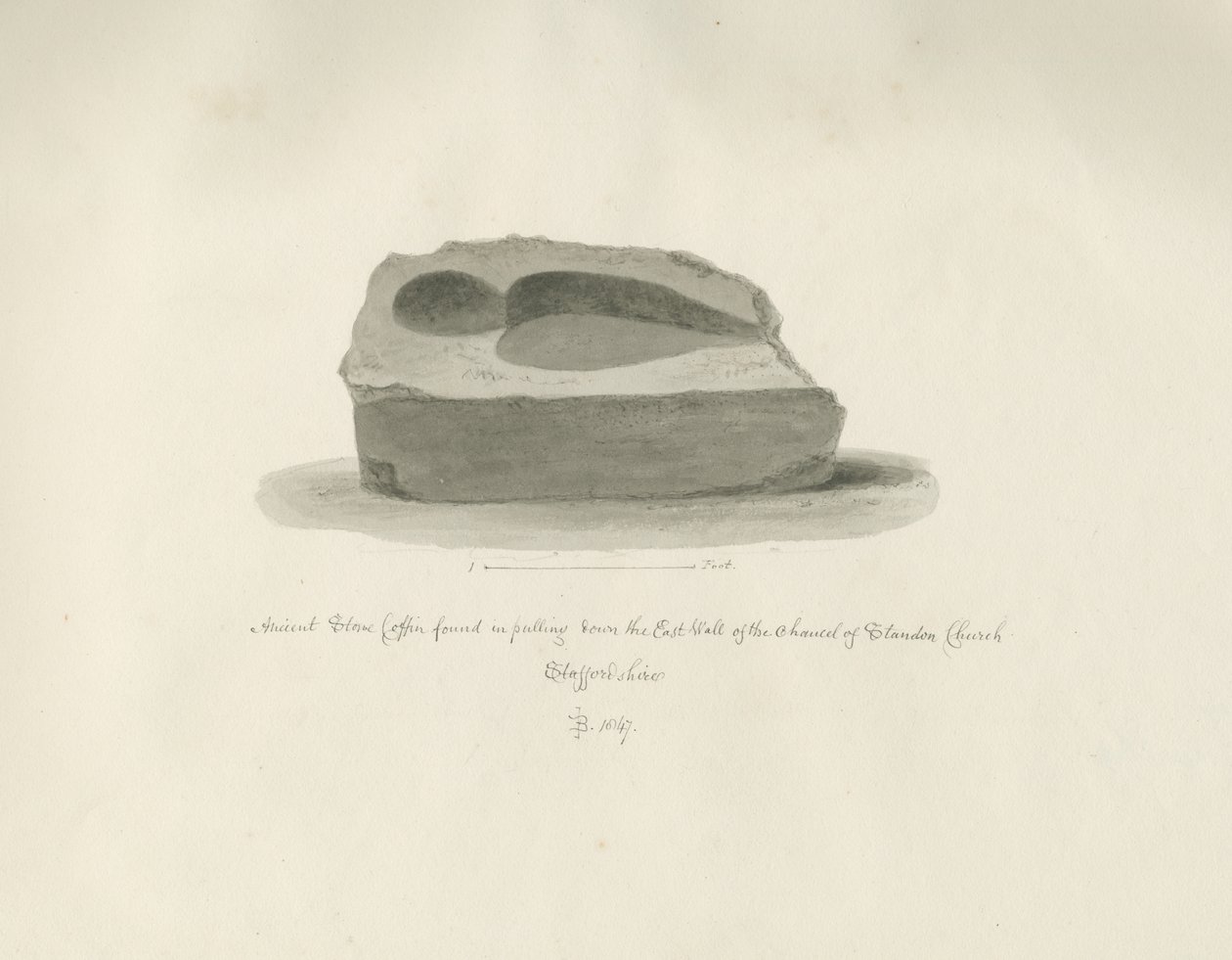 Standon Church: Ancient Stone Coffin: sépiová kresba, 1847 od John Buckler