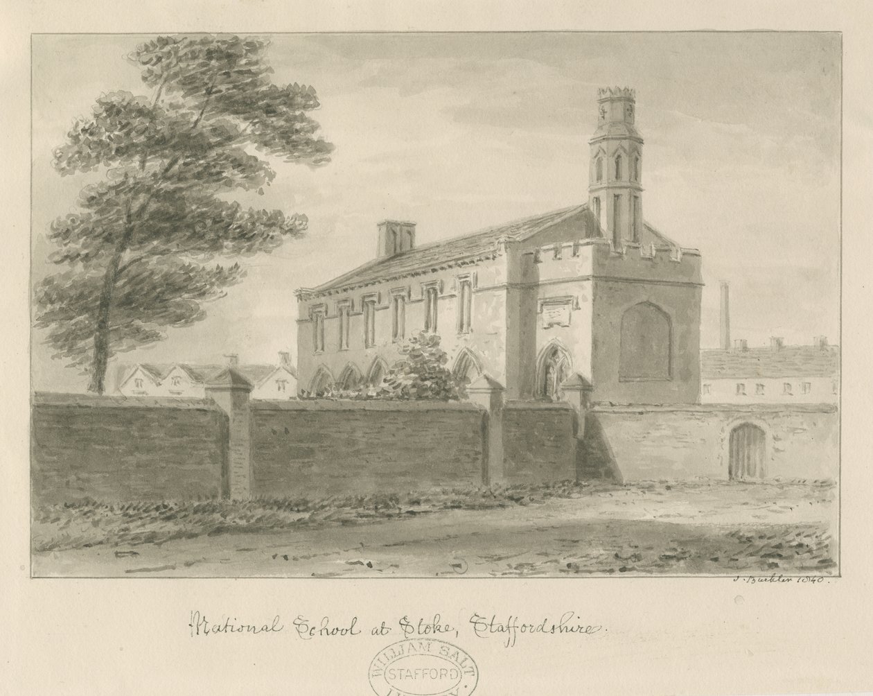 Stoke-upon-Trent - Národní škola: kresba v sépii, 1840 od John Buckler