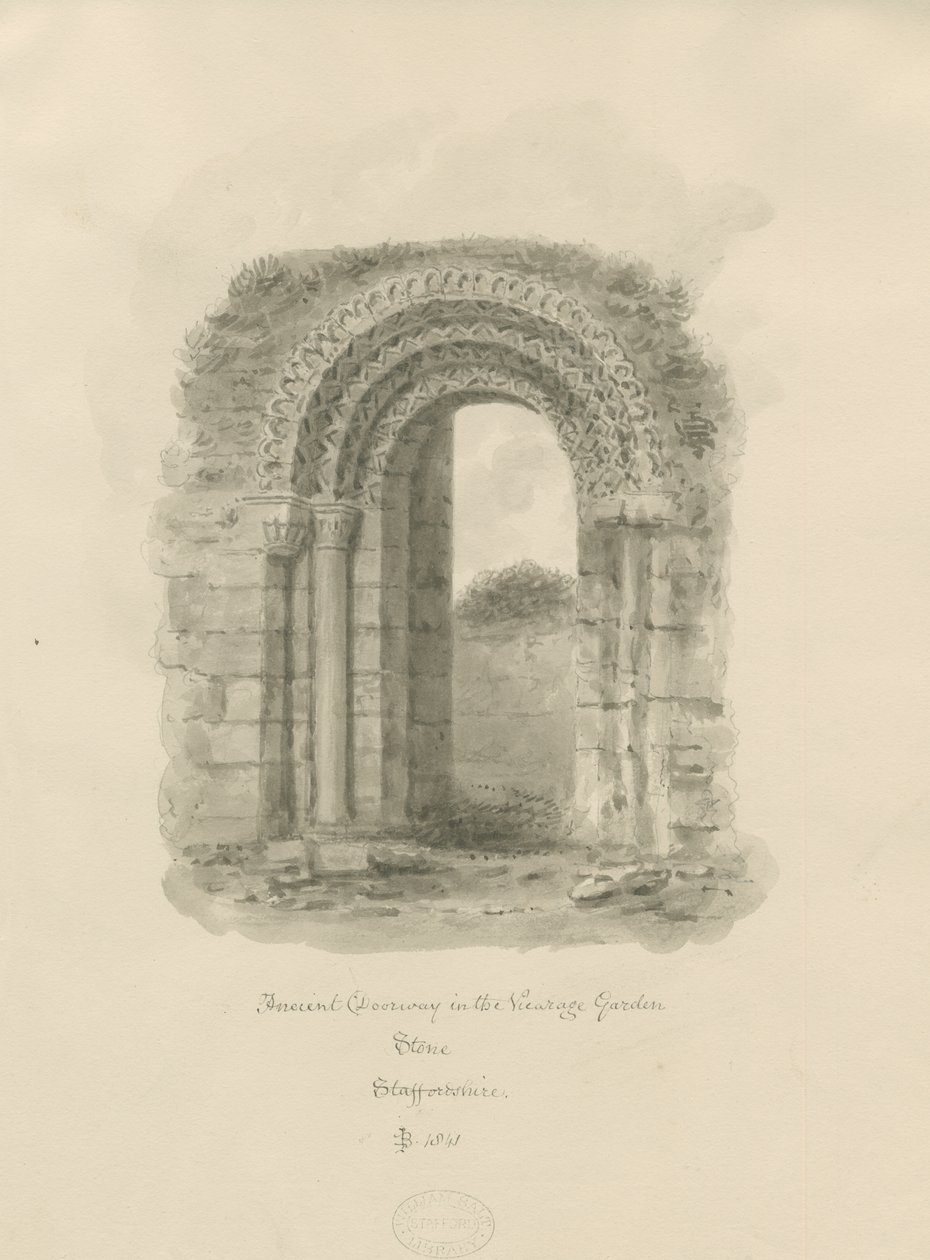 Kámen - starověká brána v zahradě fary: kresba sépie, 1841 od John Buckler
