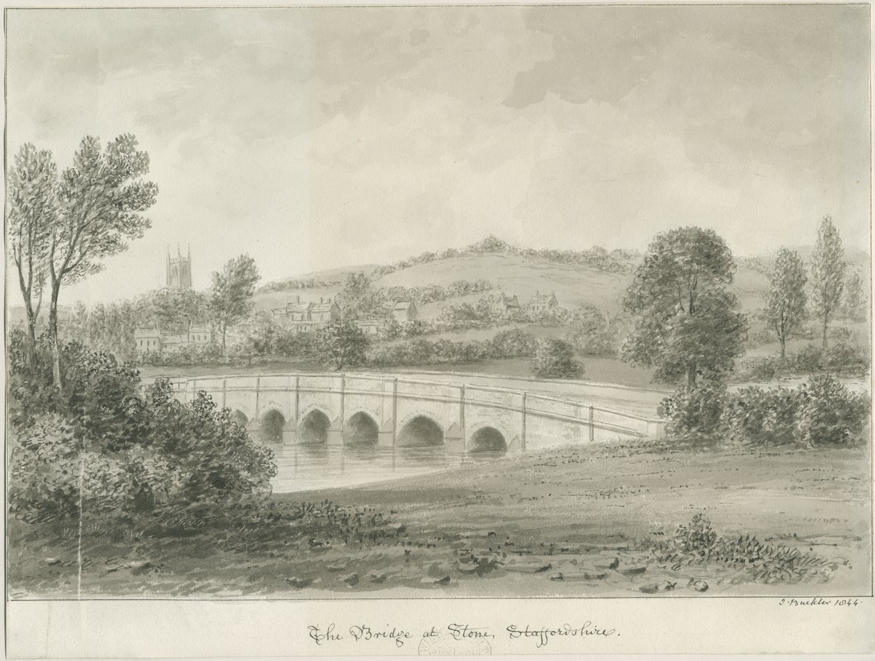 Kámen - Most přes řeku Trent: sépiová kresba, 1844 od John Buckler