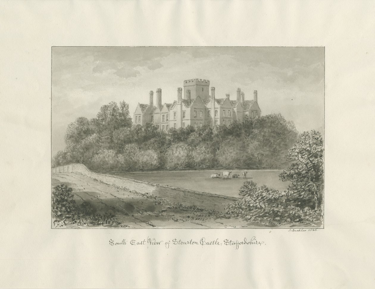 Stourton Castle: sépiová lavírovaná kresba, 1846 od John Buckler