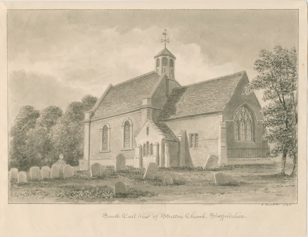 Stretton Church: sépiová kresba, 1842 od John Buckler