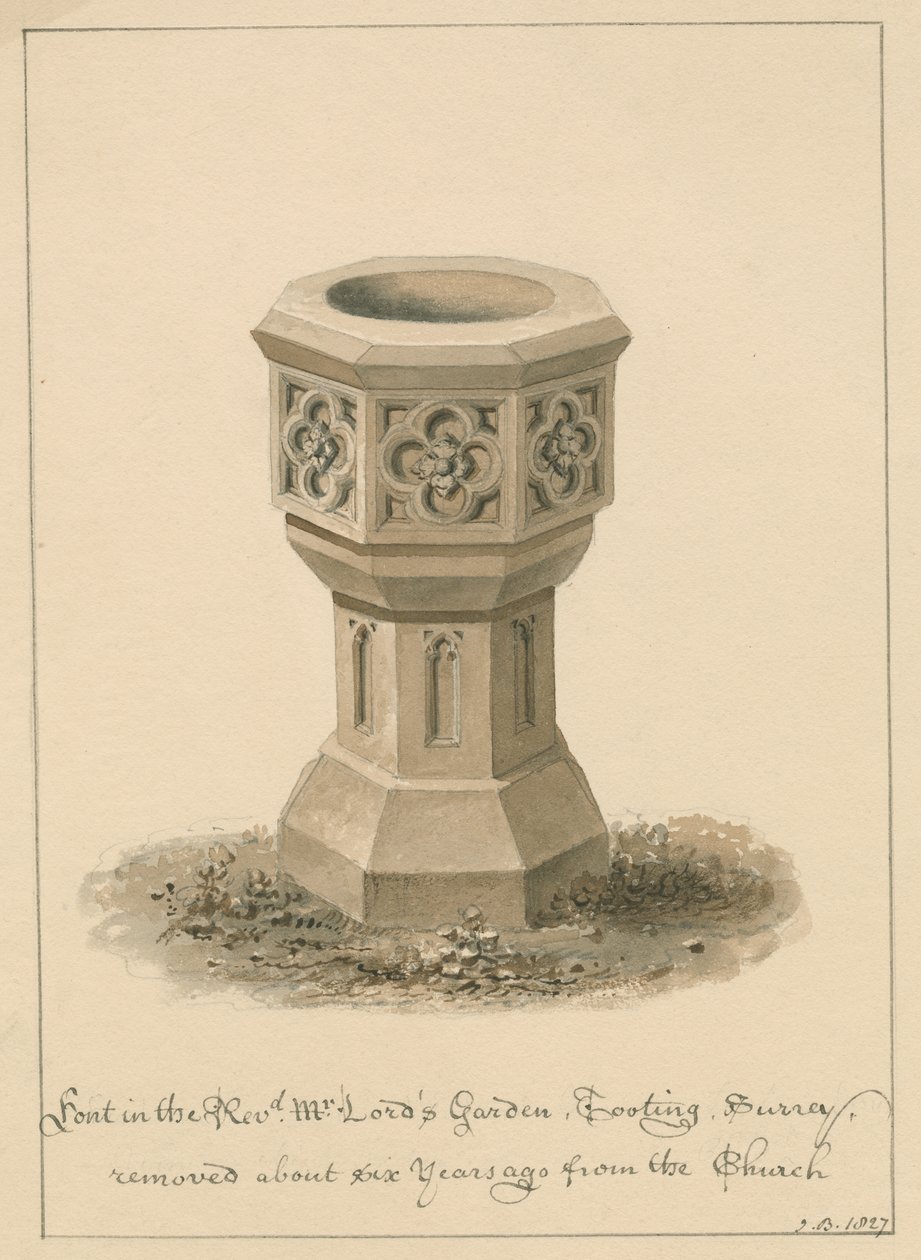 Surrey - Tooting - Font v Revd. Zahrada pana Lorda: sépiová kresba, 1827 od John Buckler