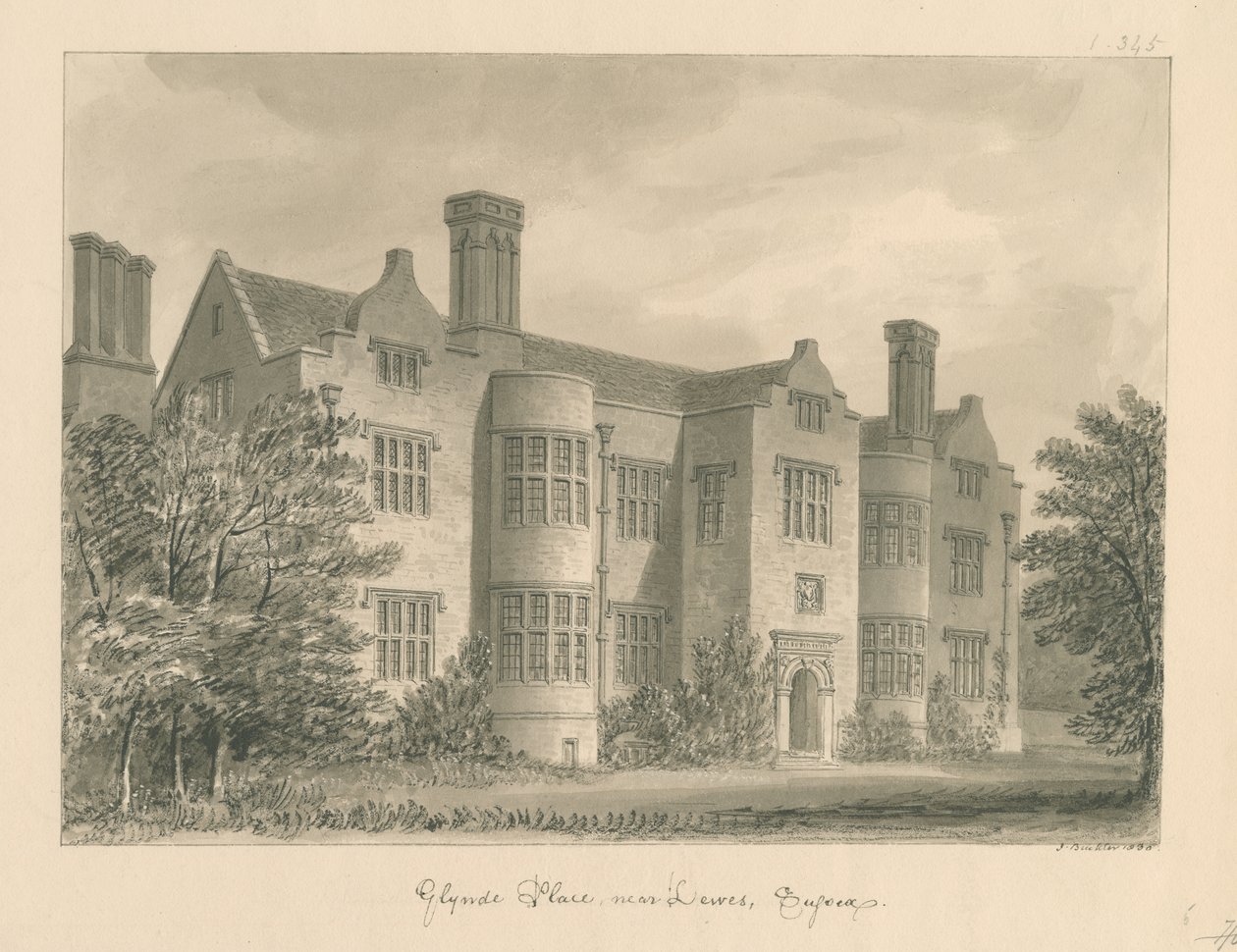 Sussex - Lewes - Glynde Místo: sépiová kresba, 1830 od John Buckler
