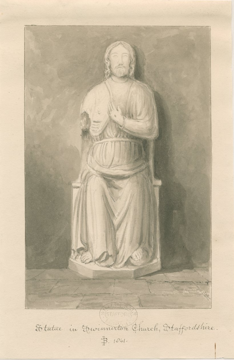 Swynnerton Church - Socha Ježíše Krista: sépie lavírovaná kresba od John Buckler