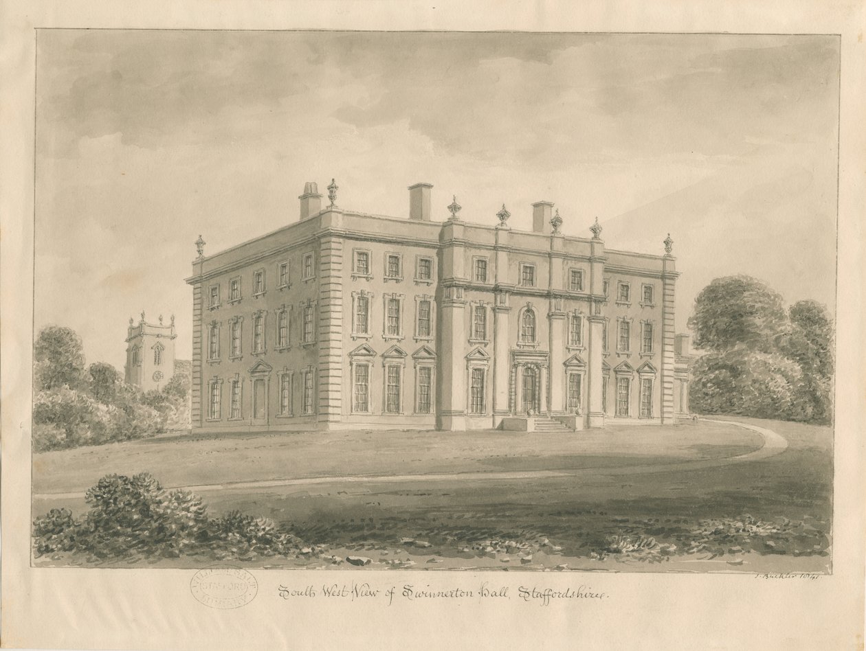 Swynnerton Hall: sépiová kresba, 1841 od John Buckler
