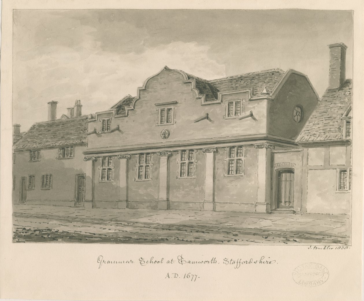 Tamworth - Gymnázium: kresba v sépii, 1838 od John Buckler