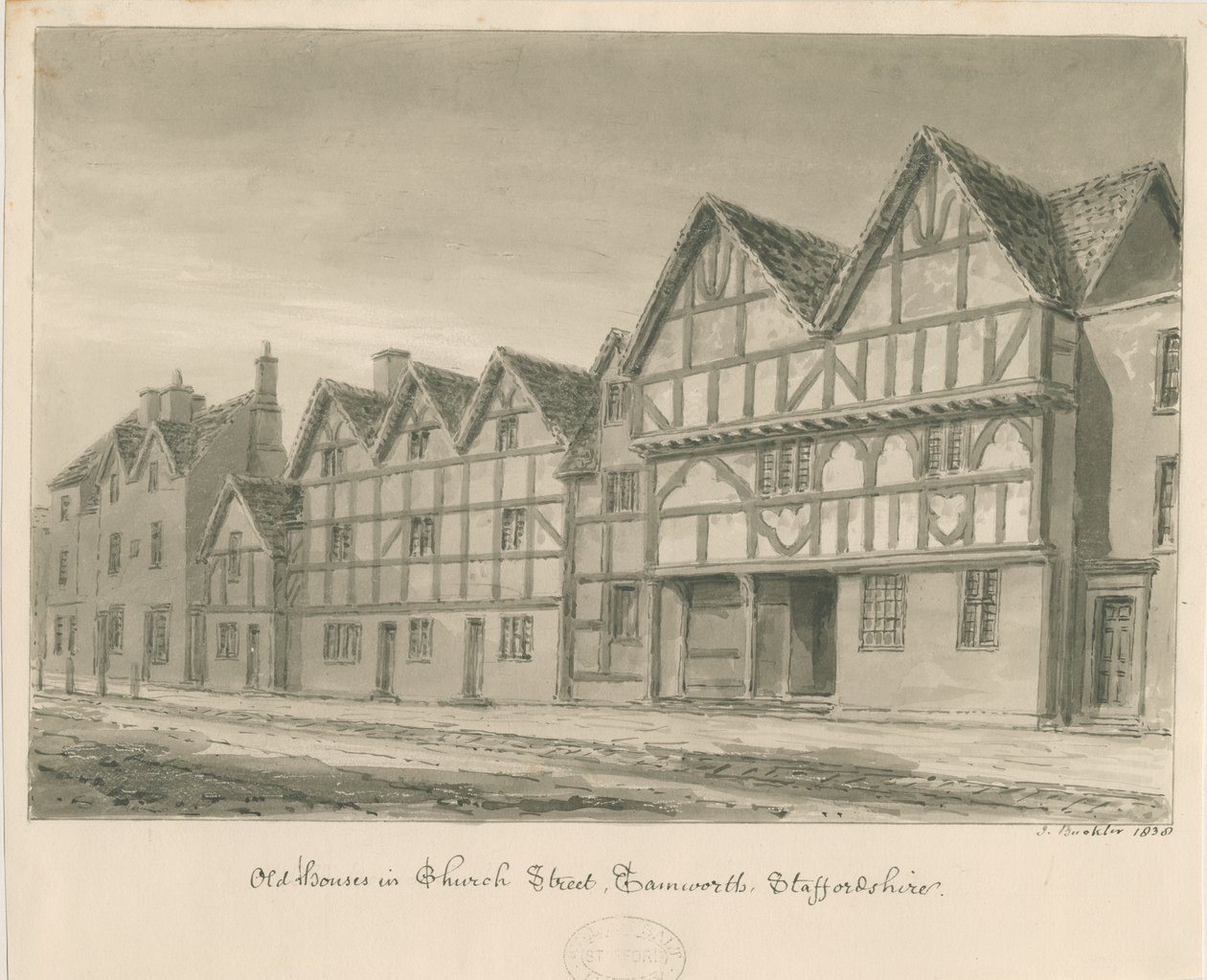 Tamworth - Staré domy v Church Street: sépiová kresba, 1838 od John Buckler